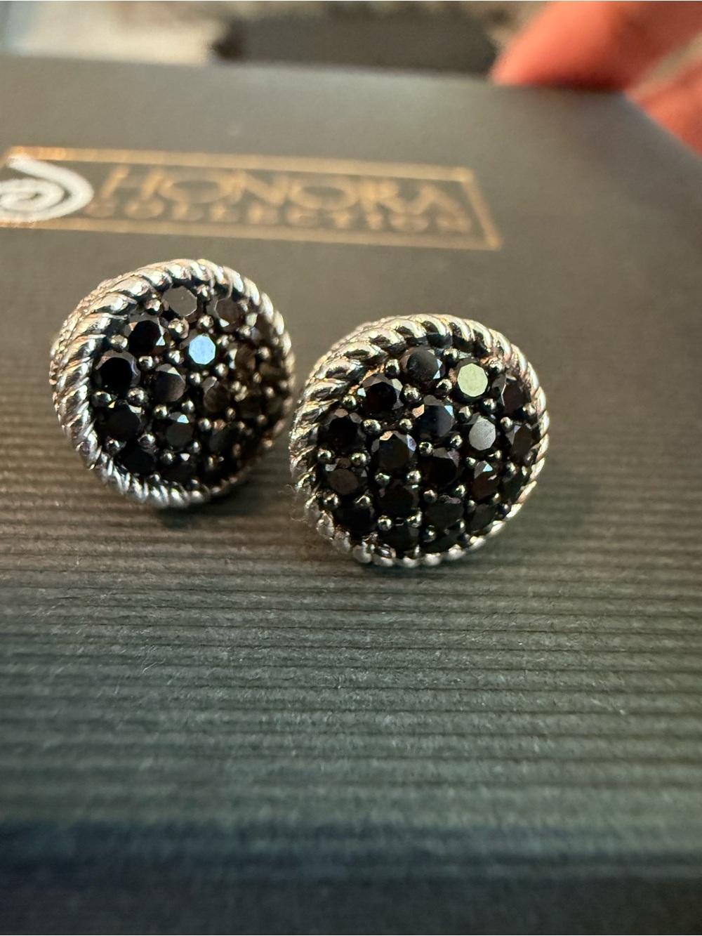 Judith Ripka Black Spinel Pavé Omega Stud Earrings Sterling Silver 925 Rope Bord
